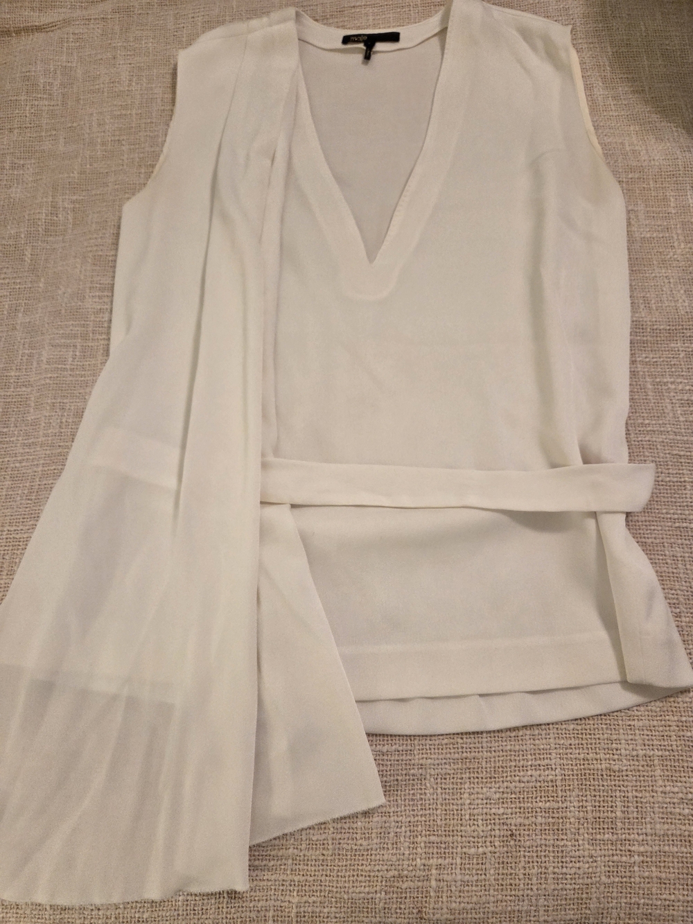 Maje Cream V-Neck Sleeveless Blouse with Draped Sash